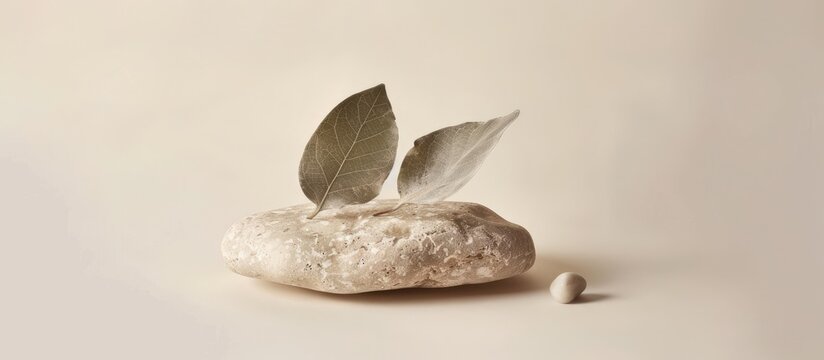 A natural material rock with two leaves as a fashion accessory is balanced on a metal table, creating a still life photography scene. The macro photography captures the details of the wood table