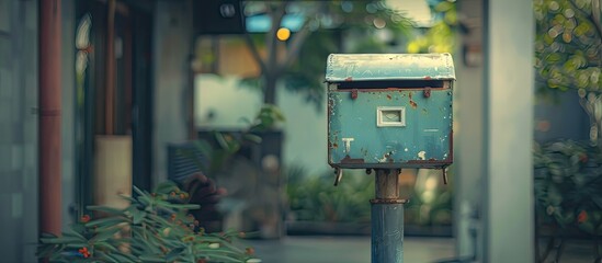 A blue mailbox is positioned on a wooden pole outside a charming house, surrounded by lush green grass and a few trees - obrazy, fototapety, plakaty