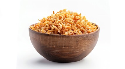 A wooden bowl filled with displayed dried salted prawns over a white backdrop asian cuisine and space, Generative AI.