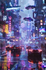 Futuristic cityscape with flying cars, neon signs in various languages, and pedestrians in a rain-soaked street reflecting vibrant lights.