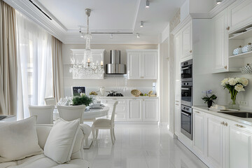Fototapeta na wymiar Modern kitchen, white kitchen, white furniture.