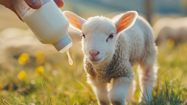A young unrecognized child hand is utilizing a milk bottle to supply milk to a newborn lamb and space, Generative AI.