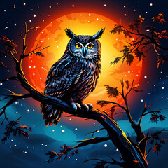 A majestic owl perched on a gnarled tree trunk, silhouetted against the full moon in the night sky. The bokeh background adds a dreamy touch to this highly realistic and detailed rendering. With its p - obrazy, fototapety, plakaty