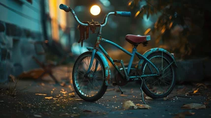 Foto op Canvas An antique blue bicycle toy is waiting outside in the dusk light, international bicycle day © Maria