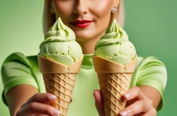 Blurred woman holds two ice cream in waffle cones in front of her on light green background