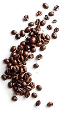 Spilled coffee beans bursting with joy on a white background,a delightful and energetic still life capture
