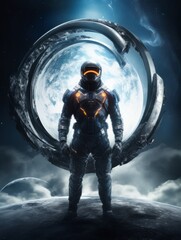Naklejka premium an astronaut with a dark black spacesuit staring at a giant dark Grey and light blue color Planet, cinematic shot wide angle