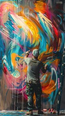 Artist creating a vibrant, abstract mural with a swirl of colors on a wall, spray cans at his feet, embodying creativity and street art.