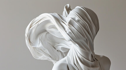 A white sculpture of an abstract woman with her head covered in fabric, draped and flowing around the body like liquid, against a stark background