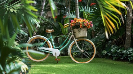 Fototapeta na wymiar In a yard with green grass and tropical palm fronds, there is a white vintage bicycle with a colorful wheel and vibrant flowers in a white pot in a basket. ornamentation in a spacious World Bicyle day