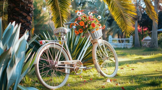 In a yard with green grass and tropical palm fronds, there is a white vintage bicycle with a colorful wheel and vibrant flowers in a white pot in a basket. ornamentation in a spacious , World Bicycle 