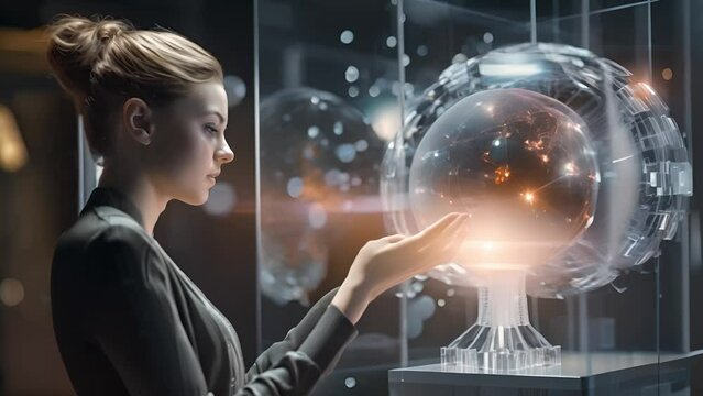 Global Technology Exploration. A woman in a futuristic lab connects with a businessman in space, embodying the future of digital communication and global networking
