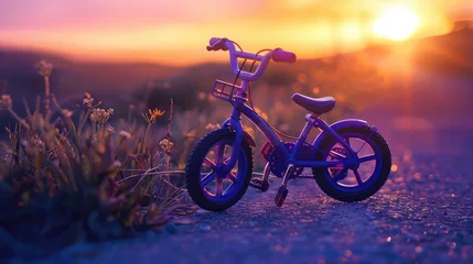 Rolgordijnen Purple bicycle toy waits outside at sunset light. © Maria