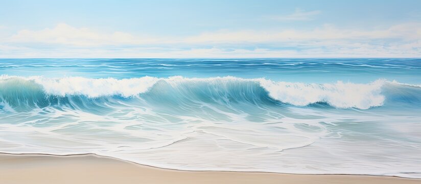 An exquisite painting depicting wind waves crashing on a sandy beach, creating a mesmerizing natural landscape with the sky, clouds, and fluid water