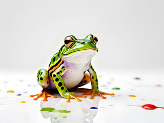 Fototapeta premium Colorful frogs standing on branches, illustration materials with colorful water splashes background