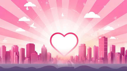 Foto op Plexiglas Downtown cityscape with heart shape pink sun ray sun burst comic halftone retro design. Summer design. Valentine love and romance concept © ribelco