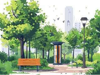 Air Monitoring Station Nestled in Lush City Park with Benches and Greenery