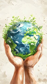 a pair of human hands gently cradling the Earth with small green sprouts emerging from the surface