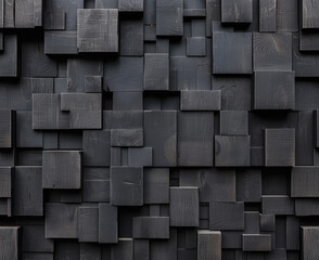 Black background with 3D blocks, arranged in a random pattern The blocks are arranged in the style of random placement