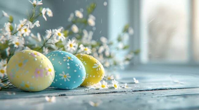 Colorful Easter eggs on a table, white background