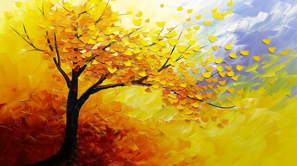 tree yellow leaves background falling hearts coherent stands easel depth blur melted paint yellows reddish black embers flying refined - obrazy, fototapety, plakaty