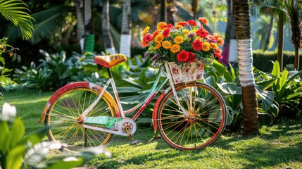 Fototapeta na wymiar White vintage bicycle with colourful wheel and colourful flowers in the white pot in the basket on green grass with tropical palm leaves in the garden. Decoration in park with space, World Bicycle Day