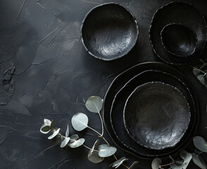 Black tableware set, textured plates and bowls with rough edges, simple elegance, dark background, eucalyptus leaves, high angle view, minimalist