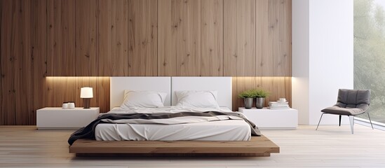 A bedroom inside a house furnished with comfortable furniture including a bed frame, nightstands, and a wooden wall. The hardwood flooring adds to the cozy ambiance