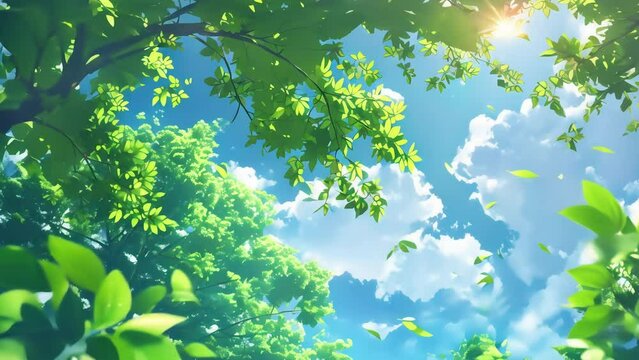 Sunny sky through fresh green leaves, vibrant nature background with copy space