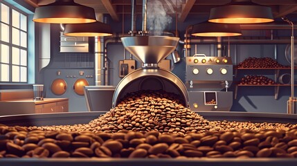 Artisanal Coffee Roastery Interior with Beans Being Poured Into Roasting Machine for Specialty Cafe Production - obrazy, fototapety, plakaty