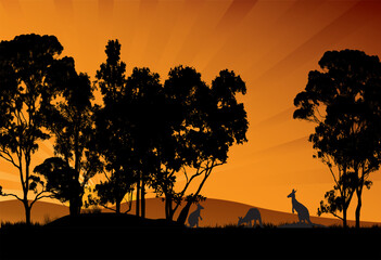 silhouette and rays with kangaroos and mountains