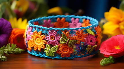 Fototapeta na wymiar Bracelet brightly colored woven with a unique put on the desk with flowers