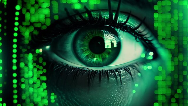 Close up eyes of woman in scanning process, data. Data processing and neon round scanner scanning over close up of female eye. Human Eye Recognition Scaup eyes of woman in scanning process, data	