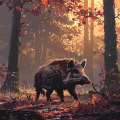 Wild boar pixel art trotting animation forest clearing at dawn rugged and robust - obrazy, fototapety, plakaty