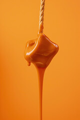 Closeup of caramel on orange background, in the minimalist style, minimalist design, caramel with rope, climbing equipment in the minimalist style, close up in the minimalist style