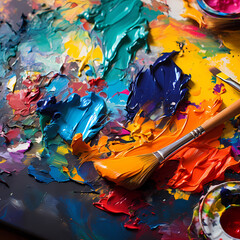 A close-up of a painters palette with a mix of vibrant colours