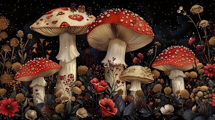 mushrooms grass together color fauna black red palette princess paradise fairyland parasols visually stunning - obrazy, fototapety, plakaty