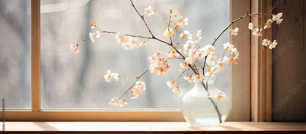 Sticker A beautiful arrangement of flowers displayed in a glass vase on a wooden window sill, showcasing natures art with natural materials