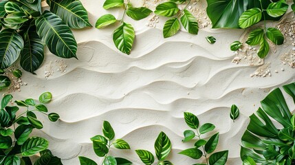 Green foliages encompassing the white sand aerial view with a wave pattern alleviate scenery and space, Generative AI. - obrazy, fototapety, plakaty