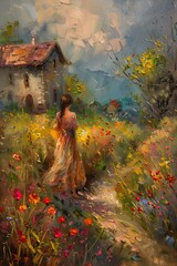 woman walking field flowers house background wanderer mountain feelings guilt bright castle - obrazy, fototapety, plakaty