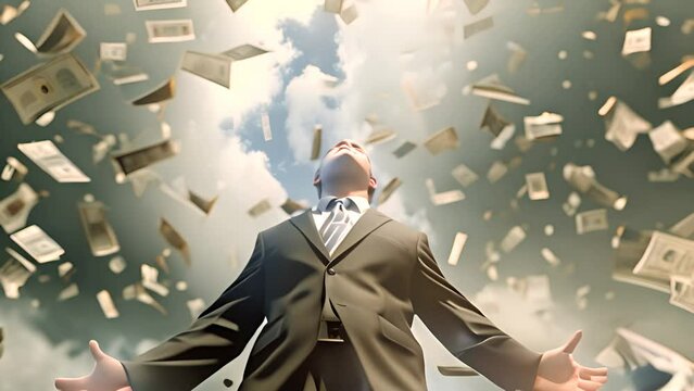 Ecstatic Businessman with Falling Money Skyward with Ai generated.
