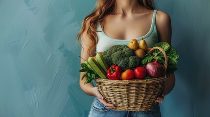 The girl's hands are holding a basket with fresh fruits and vegetables.