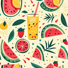 Seamless pattern of watermelon slices and cocktail glasses. Summer mood.