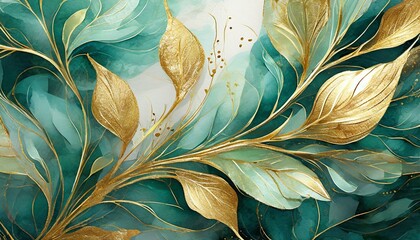 a sophisticated abstract background featuring a harmonious blend of gold and green hues in a delicate floral pattern, evoking a sense of tranquility and serenity, perfect for spa brochures, wellness r