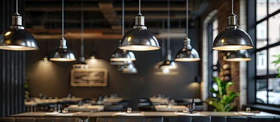 The restaurants ceiling is adorned with a plethora of hanging lights, creating a bright and inviting ambiance. The fixtures are made of a combination of metal and composite materials