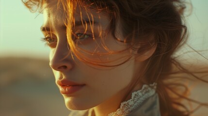 woman long hair lace collar soft dreamy light sunset freckled pale skin front burning desert colored eye contact edwardian - obrazy, fototapety, plakaty