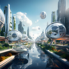 A futuristic cityscape with floating transportations