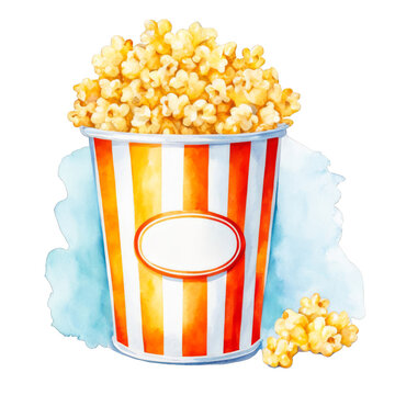 recommend clip art: Popcorn bucket watercolor illustration, clipart, movie night, popcorns, vector illustration, theatre, decorative element for journal, presentation, ad promotion, scrapbook, movie lover, cutout, crafts