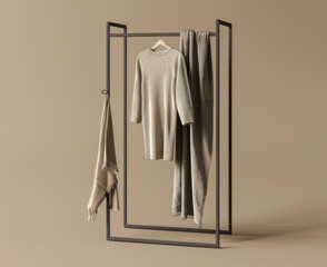 Minimalist rack with sweater and scarf, product photography, front view, dark gray metal frame, hanging on the left side of the stand, light brown background, simple composition, clean interior