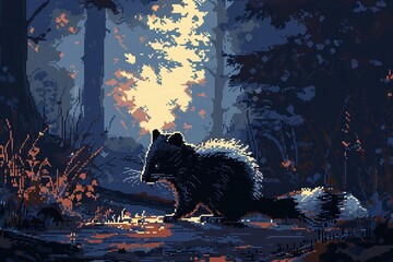 Skunk pixel art tail lifting animation moonlight shadow mischievous and cautious - obrazy, fototapety, plakaty